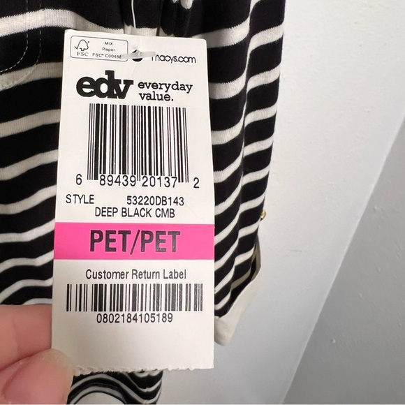 Charter Club Pima Cotton Split Neck Top Black Cream Stripes P - Picture 9 of 9